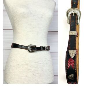 Vintage Dakota Leather Western Belt Nickel Studs Woven Black and Red  Women’s S